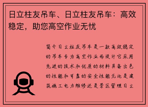 日立柱友吊车、日立柱友吊车：高效稳定，助您高空作业无忧