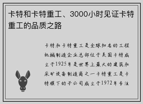 卡特和卡特重工、3000小时见证卡特重工的品质之路