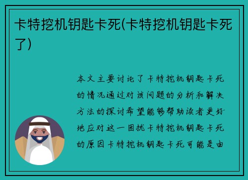 卡特挖机钥匙卡死(卡特挖机钥匙卡死了)