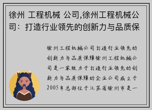 徐州 工程机械 公司,徐州工程机械公司：打造行业领先的创新力与品质保障