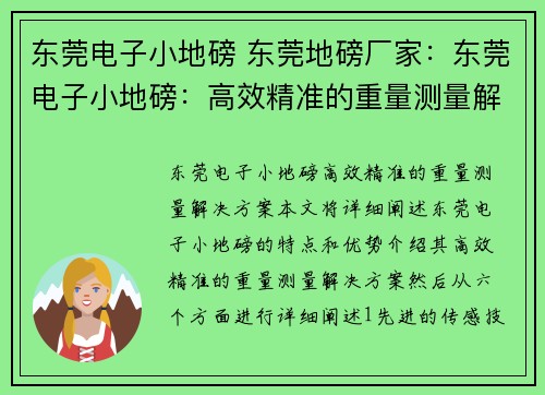 东莞电子小地磅 东莞地磅厂家：东莞电子小地磅：高效精准的重量测量解决方案